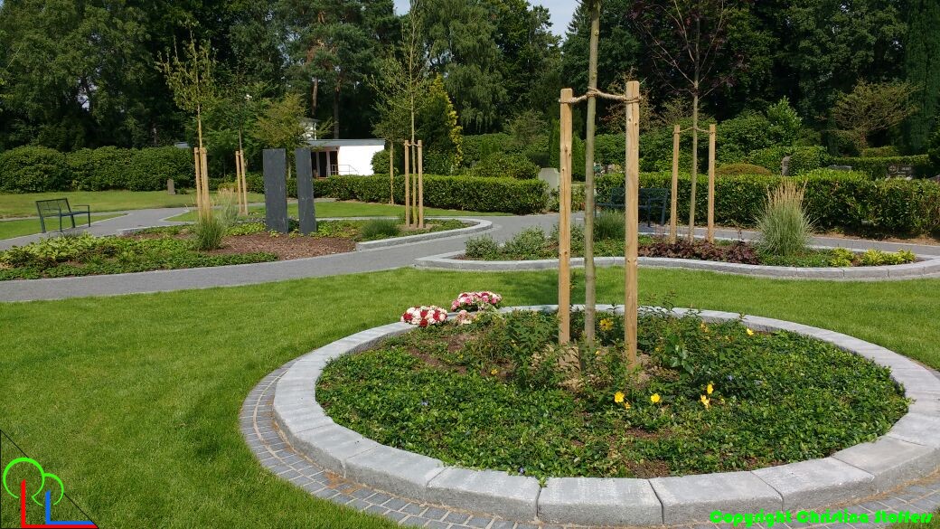 FUG02 Baumgrabanlage im Urnengarten mit Plaketten auf den Randsteinen